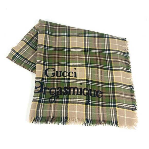 GUCCI 620547 Check large format Scarf Stole / Shawl wool Beige/Green x Black - Picture 1 of 16